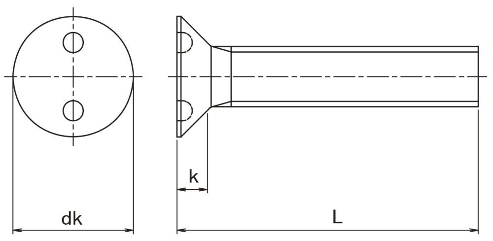 2 Hole Countersunk Machine Screw Technical Drawing