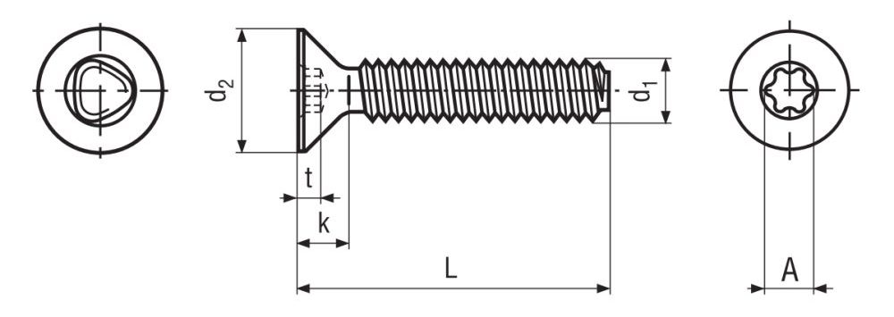 6 Lobe Countersunk Thread Rolling Screw Technical Drawing