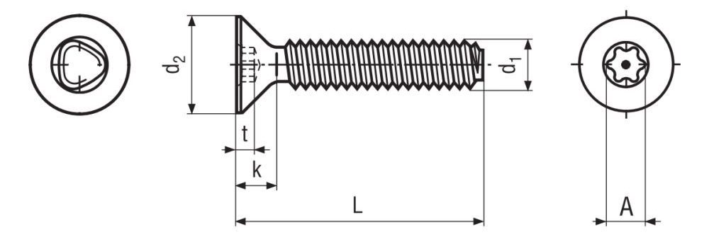 6 Lobe Pin TX Countersunk Thread Rolling Screw Technical Drawing