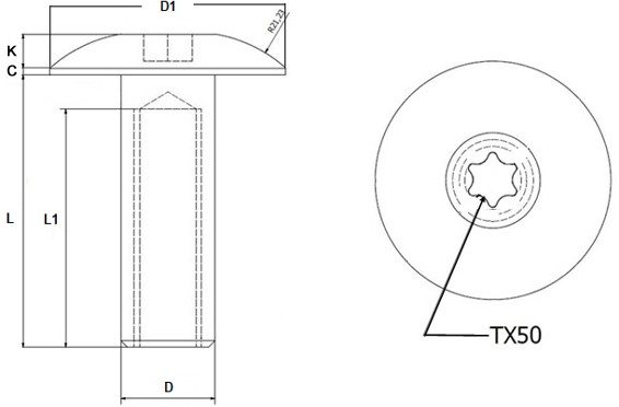 6 Lobe TX Mushroom Head Barrel Nut Technical Drawing