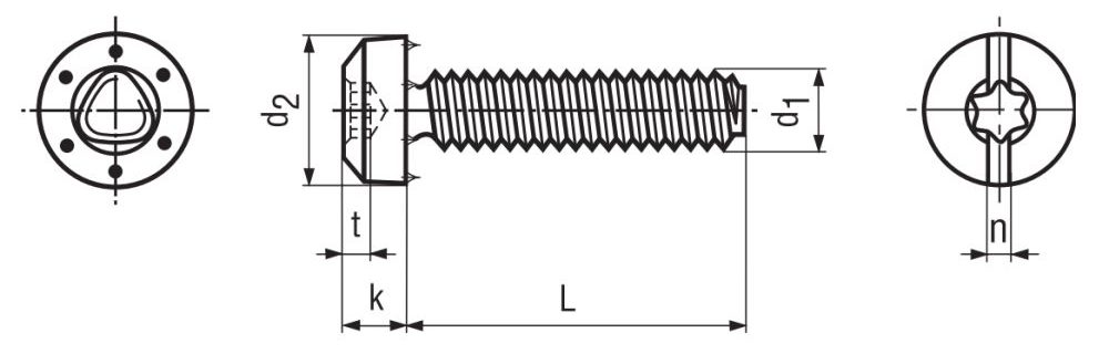 6 Lobe TX Pan Head Thread Rolling Screws with Ribs Technical Drawing