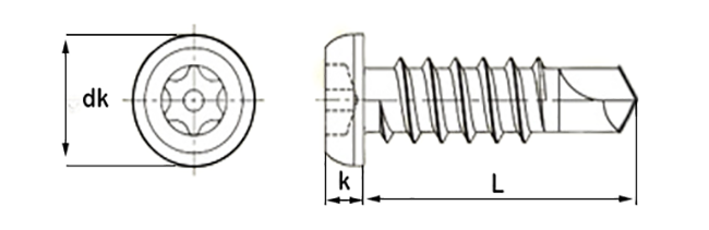 6 lobe pin tx button self drill security screw tecnical drawing