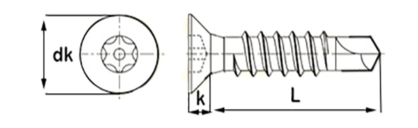 6 lobe pin tx countersunk self drill security screw technical drawing
