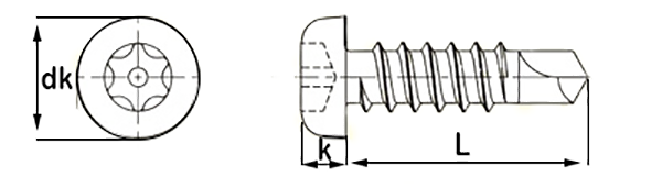 6 lobe pin tx pan self drill security screw technical drawing