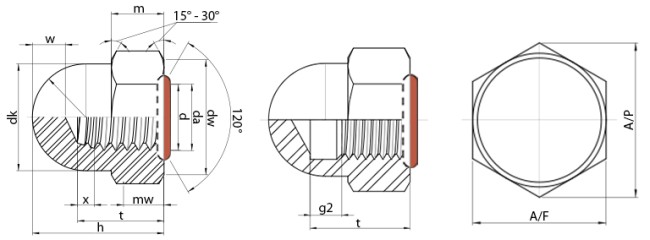 Acorn Dome Nuts with O-Ring Seal Technical Drawing