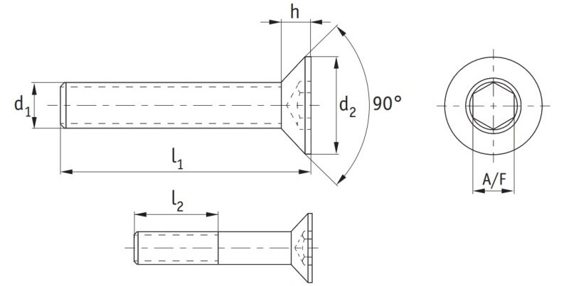 Brass Hexagon Socket Countersunk Screws (DIN 7991) Technical Drawing