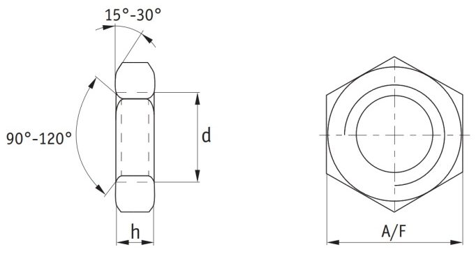 Brass Hexagon Half Nuts (DIN 439) Technical Drawing