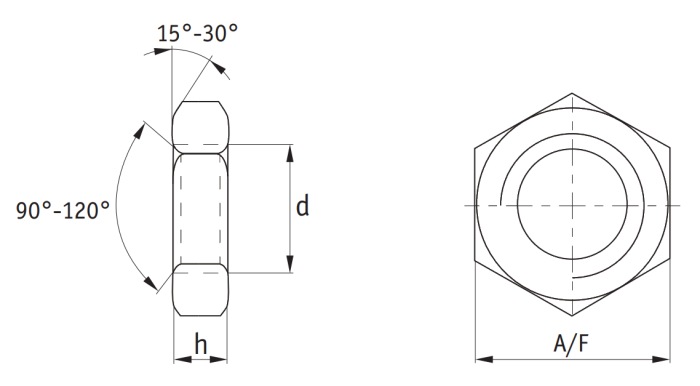 Brass Hexagon Half Nuts Fine Pitch (DIN 439) Technical Drawing