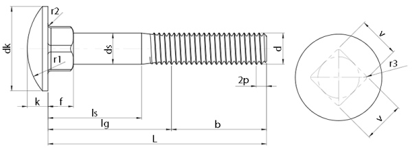 Brass Cup Square Bolts (DIN 603) Technical Drawing