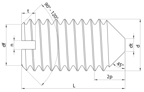 Brass Slotted Set Screws Cone Point (DIN 553) Technical Drawing