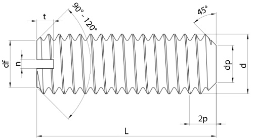 Brass Slotted Set Screws Flat Point (DIN 551) Technical Drawing