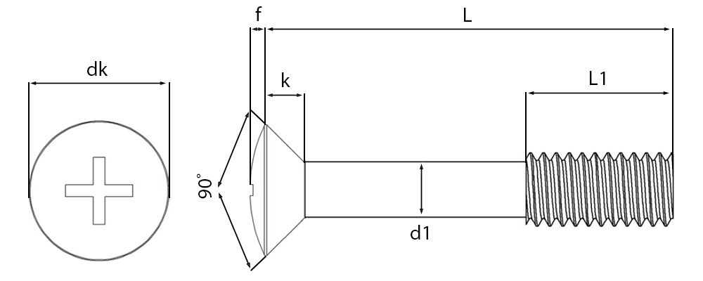 Raised Phillips Countersunk Reduced Thread Captive Screws Technical Drawing