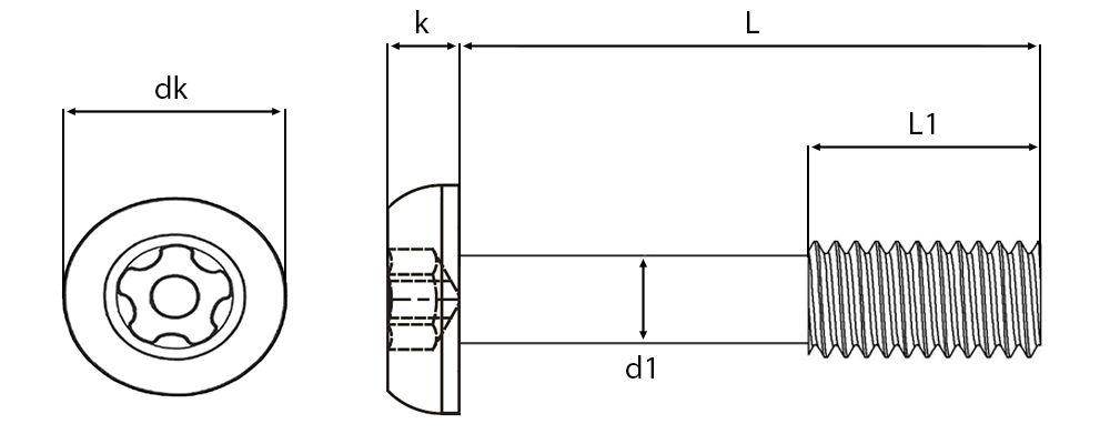 Security 5 Lobe Pin TX Button Head Captive Screws Technical Drawing