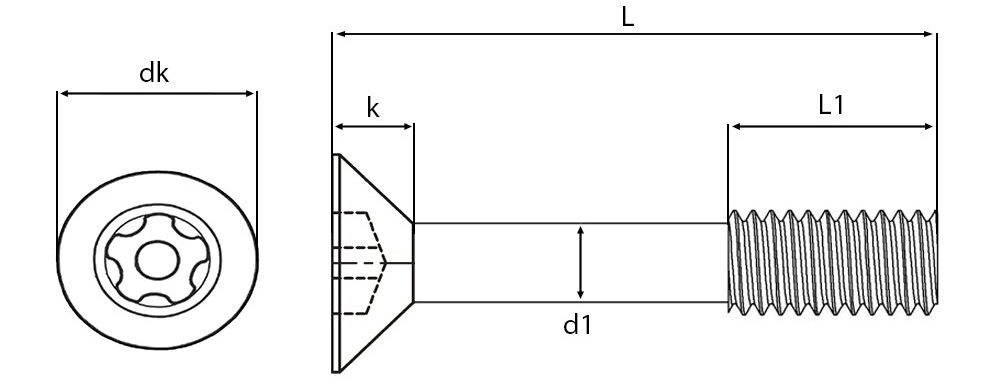 Security 5 Lobe Pin TX Countersunk Head Captive Screws Technical Drawing