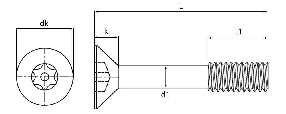 Security 6 Lobe Pin TX Countersunk Head Captive Screws Technical Drawing