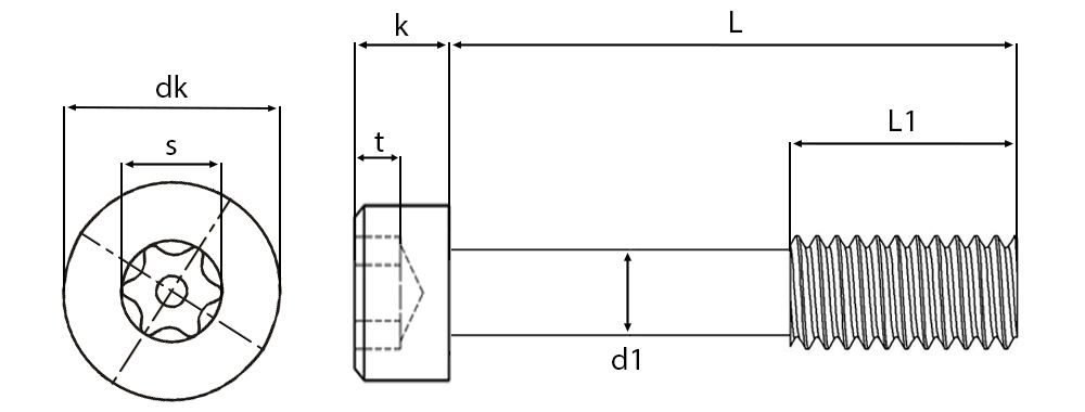 Security 6 Lobe Pin TX Socket Cap Captive Screws Technical Drawing