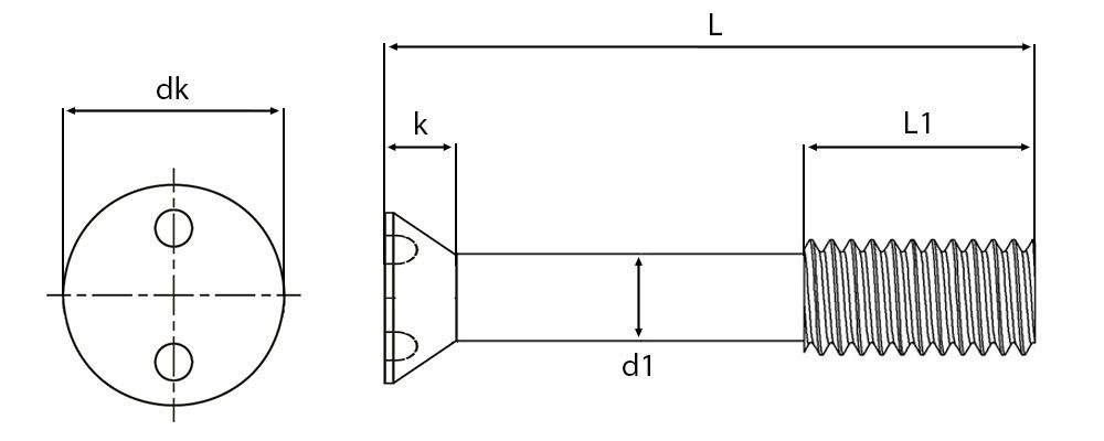 Security 2-Hole Countersunk Head Captive Screws Technical Drawing