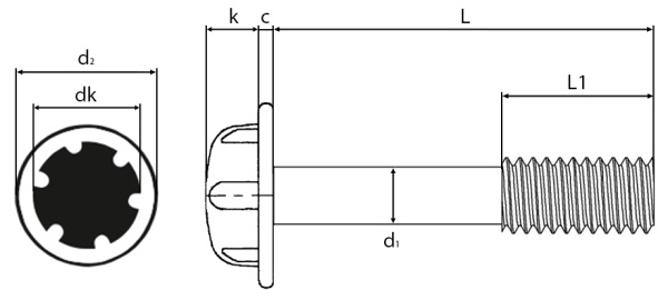 Security E6 Drive Captive Screws Technical Drawing