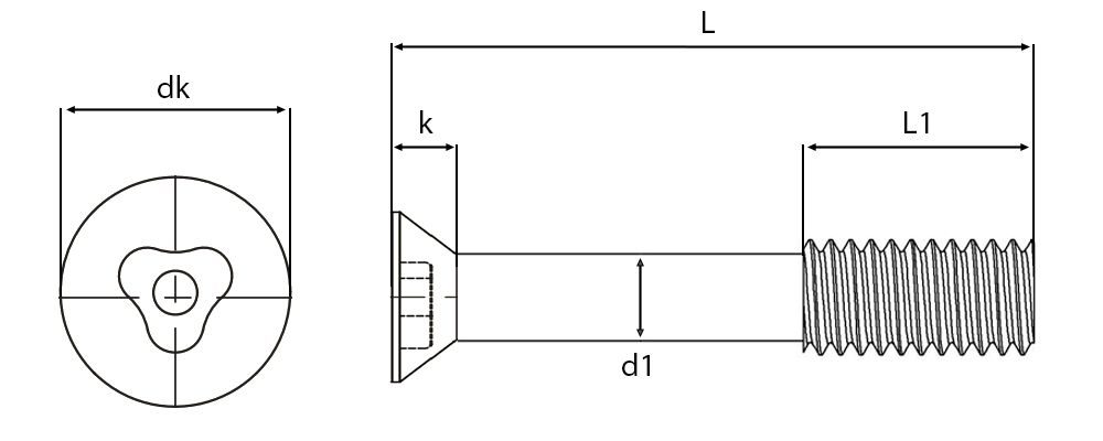 Security Pin Countersunk Head Tricle Captive Screws Technical Drawing