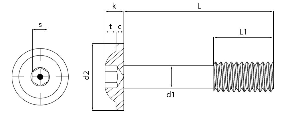 Security Pin Hex Button Flange Head Captive Screws Technical Drawing