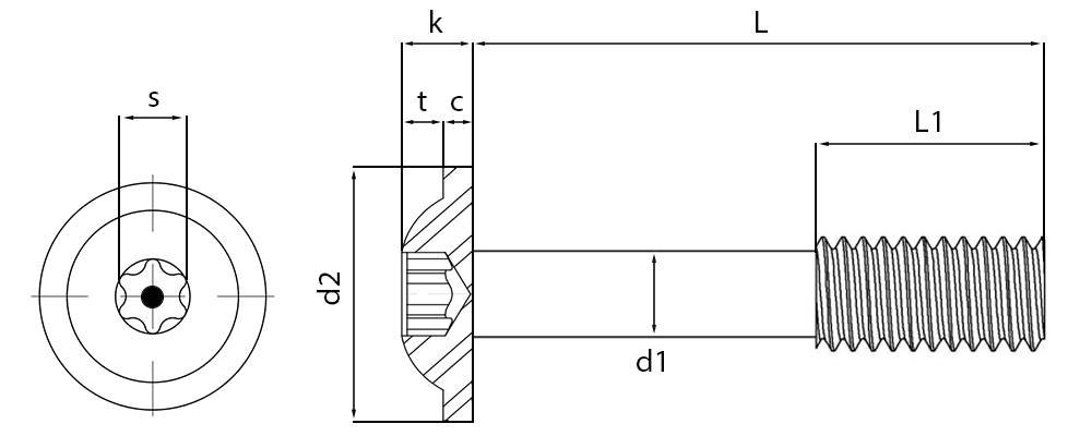 Security Pin TX Button Flange Head Captive Screws Technical Drawing