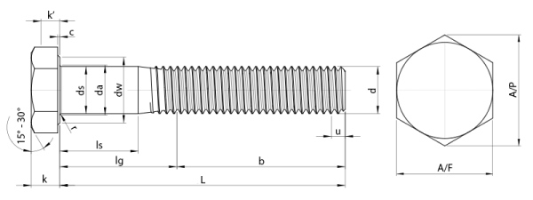 Hex Head Seal Bolts with Under Head Seal Technical Drawing