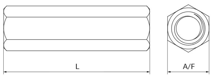 Left-Hand Thread Hexagon ACME Threaded Connector Nuts Technical Drawing