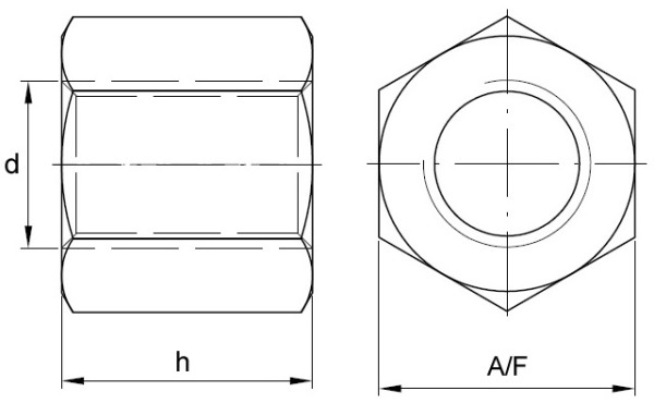 Left-Hand Thread Hexagon ACME Threaded Nuts Technical Drawing