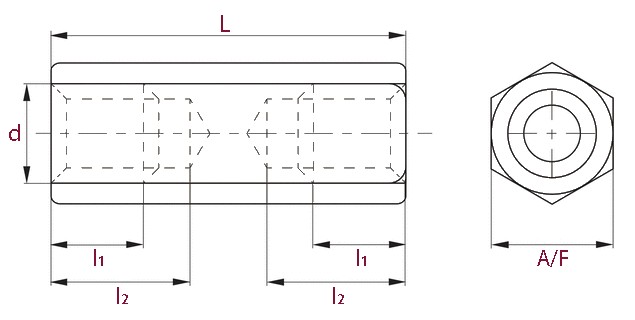 Hexagonal Threaded Spacers Technical Drawing
