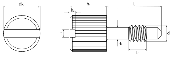 Deep Head Knurled Slotted Captive Thumb Screws Cone Point Technical Drawing