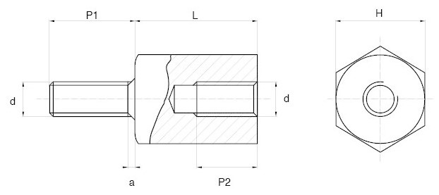 Plastic Hex Tapped Threaded Spacers Technical Drawing