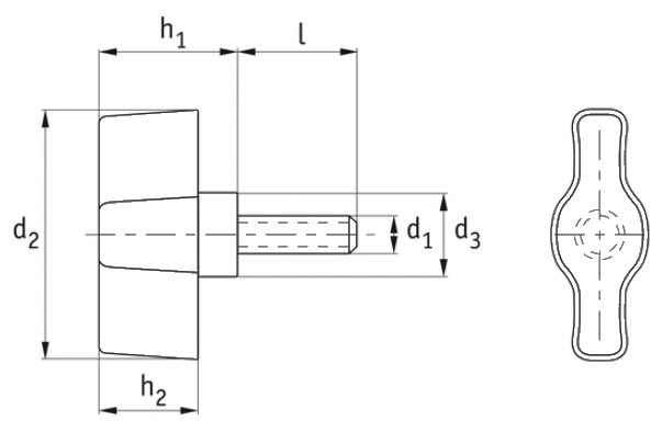 Plastic Wing Screws with Stud Straight Collar Technical Drawing