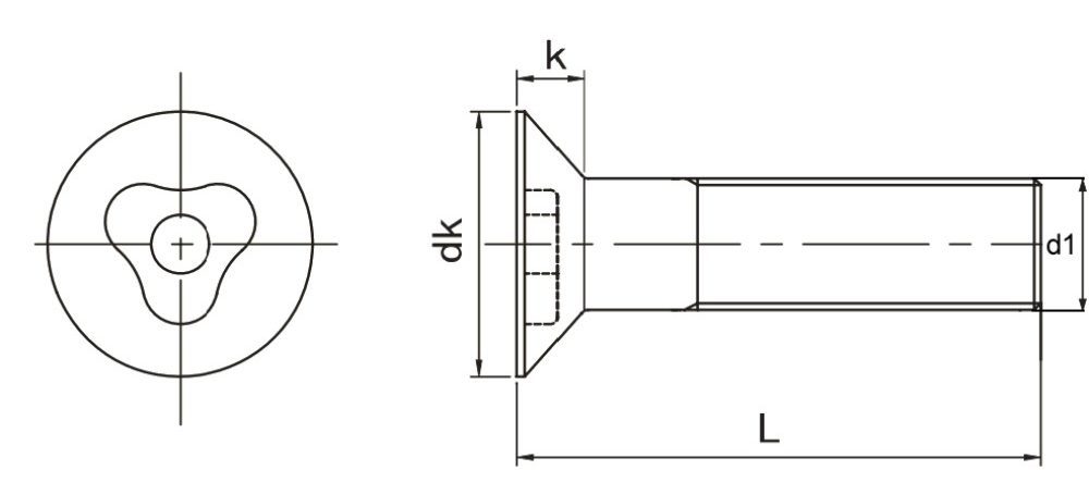 Pin Countersunk Head Tricle Bolt Technical Drawing