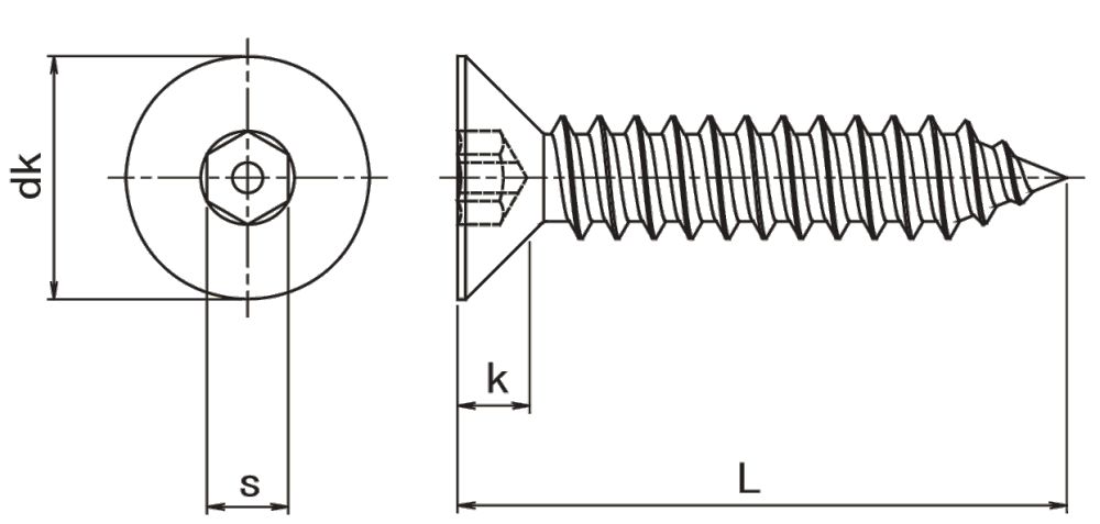 Pin Hex Countersunk Self Tapper Tehchnical Drawing