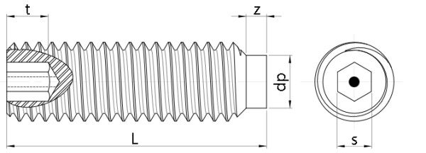 Pin Hex Security Grub Screw Dog Point (DIN 915 with Pin) Technical Drawing