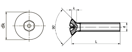 Pin Hex Raised Countersunk Security Machine Screw Technical Drawing