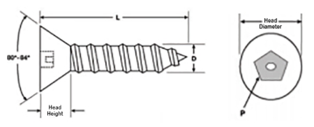 Pin Pentagon Countersunk Self Tapping Security Screws Technical Drawing