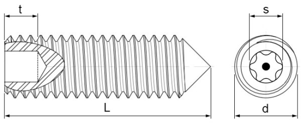 6 Lobe Pin TX Security Grub Screw Cone Point Technical Drawing