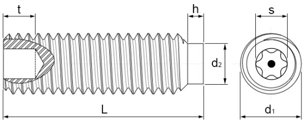 6 Lobe Pin TX Security Grub Screw Dog Point Technical Drawing