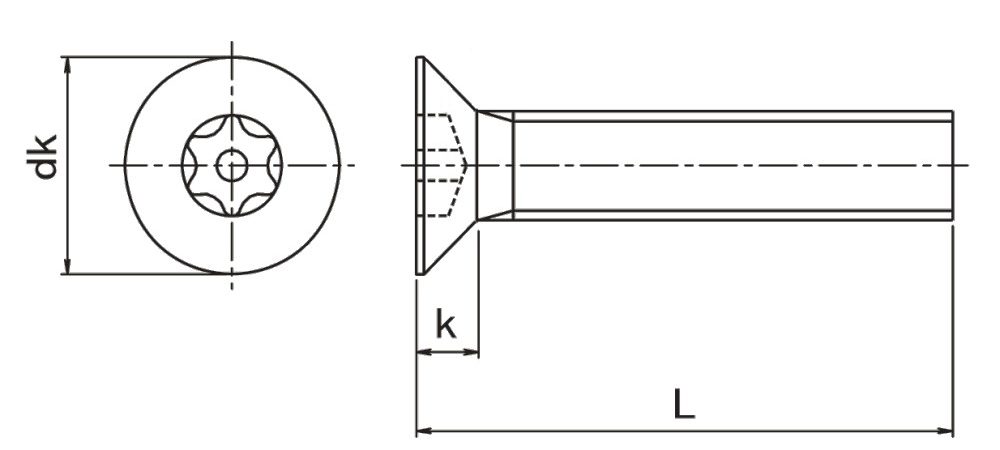 Pin Torx Countersunk Machine Screw Technical Diagram