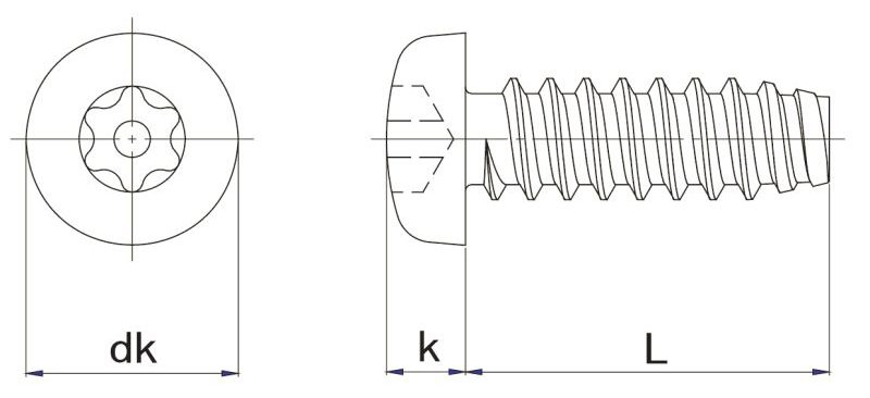 6 Lobe Pin TX Pan Thread Forming Security Screw Technical Drawing