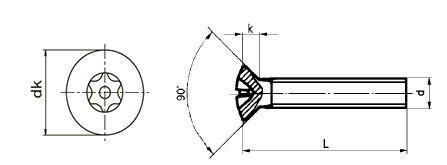 6 Lobe Pin TX Raised Csk Machine Screw Technical Drawing