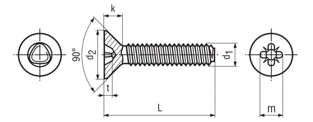 Pozi Countersunk Head Thread Rolling Screw Technical Drawing