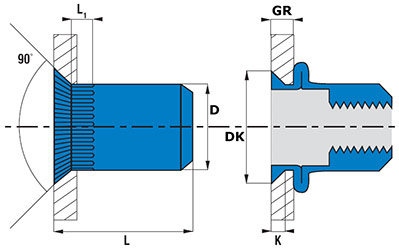 Rivet nut countersunk knurled open end