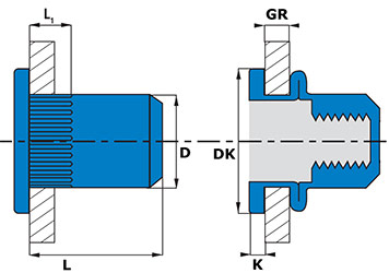 Rivet Nut Flanged Knurled Closed End Technical Drawing