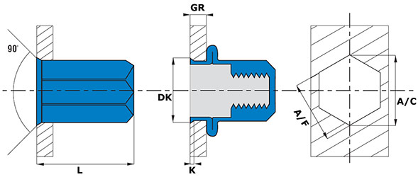 Rivet nut reduced countersunk full hex closed end