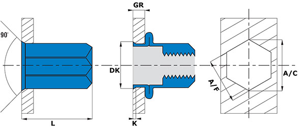 Rivet nut reduced countersunk full hex open end