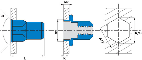 Rivet nut reduced countersunk half hex open end