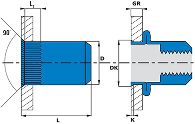 Rivet nut reduced countersunk knurled open end