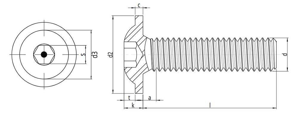 Pin Hex Button Flange Security Screws - Technical Drawing